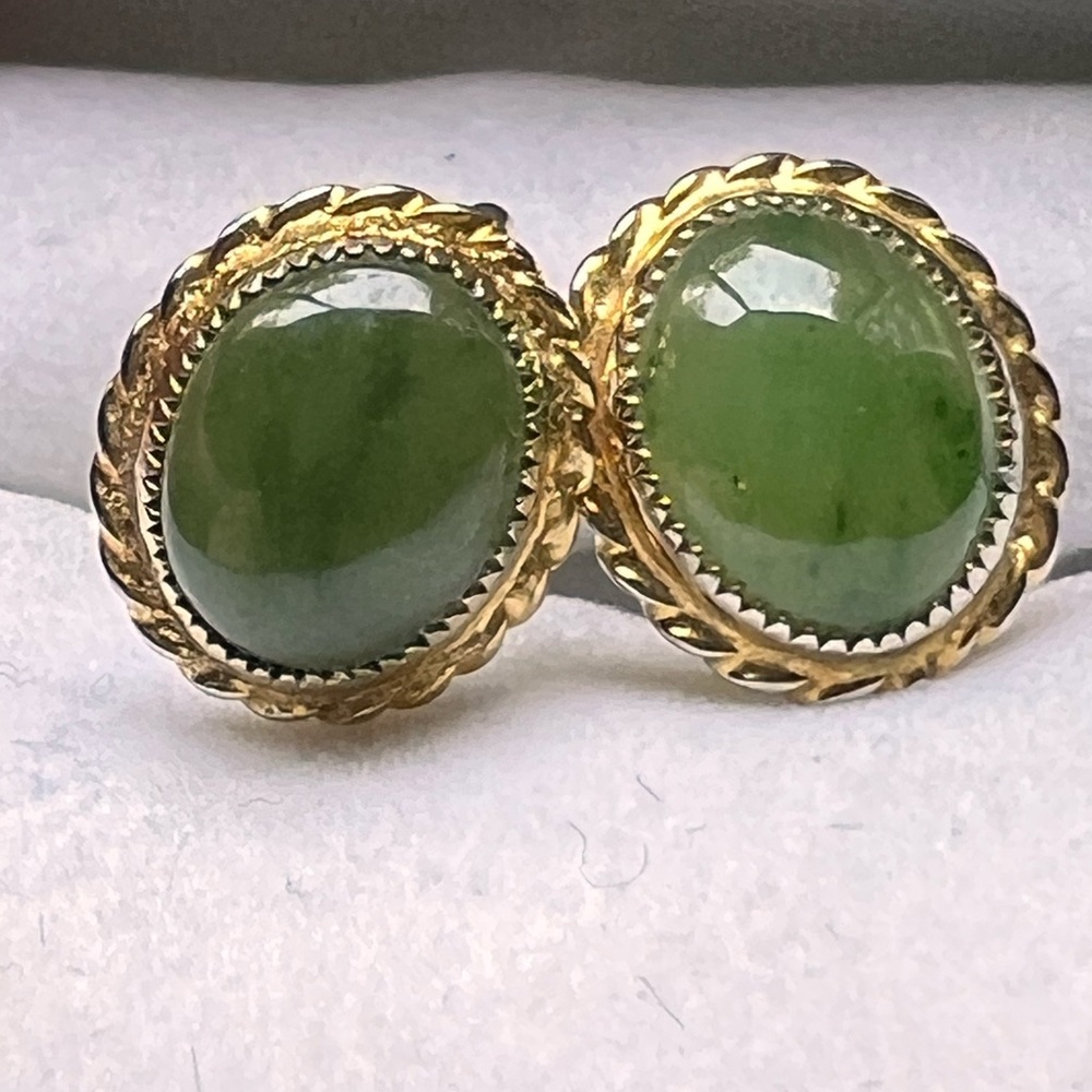 Charles Reis Vintage 12K GF Jade Screw Back Earrings